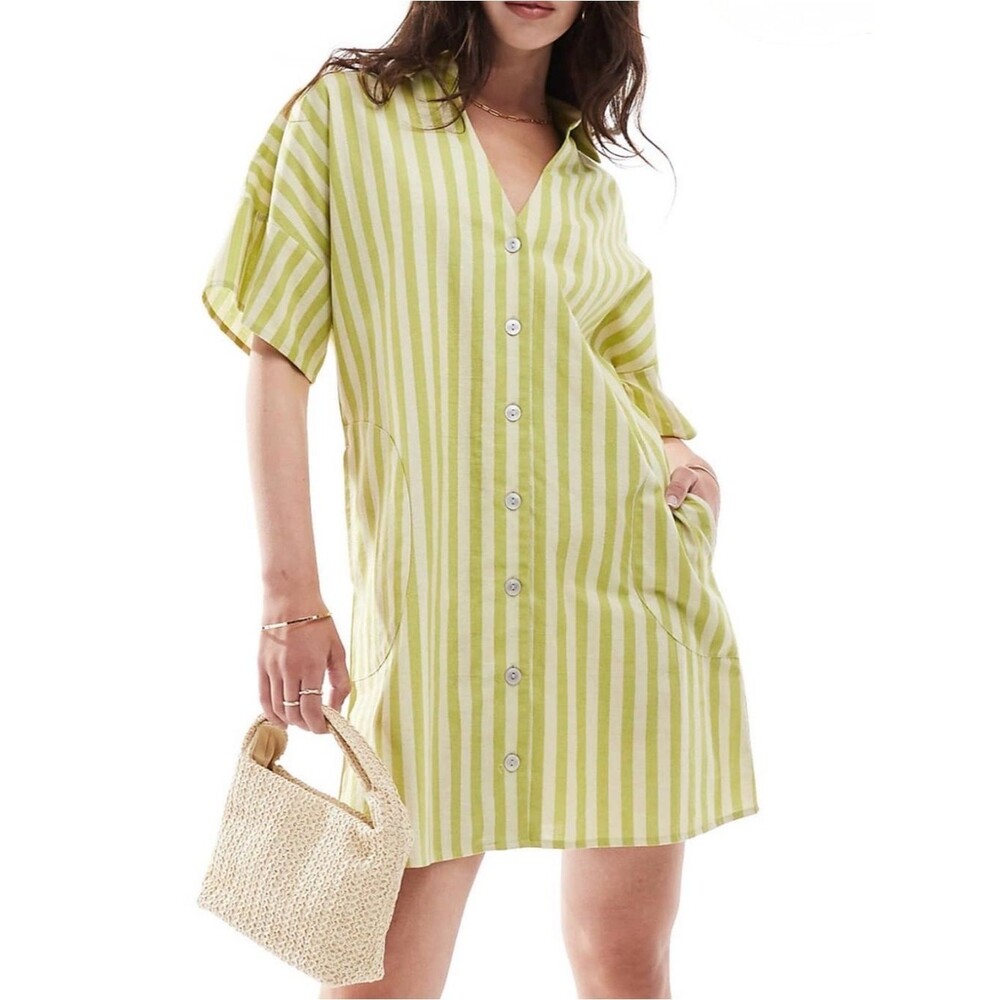 ASOS Design Green White Striped Button Front Shirt Dress With Pockets Size 6